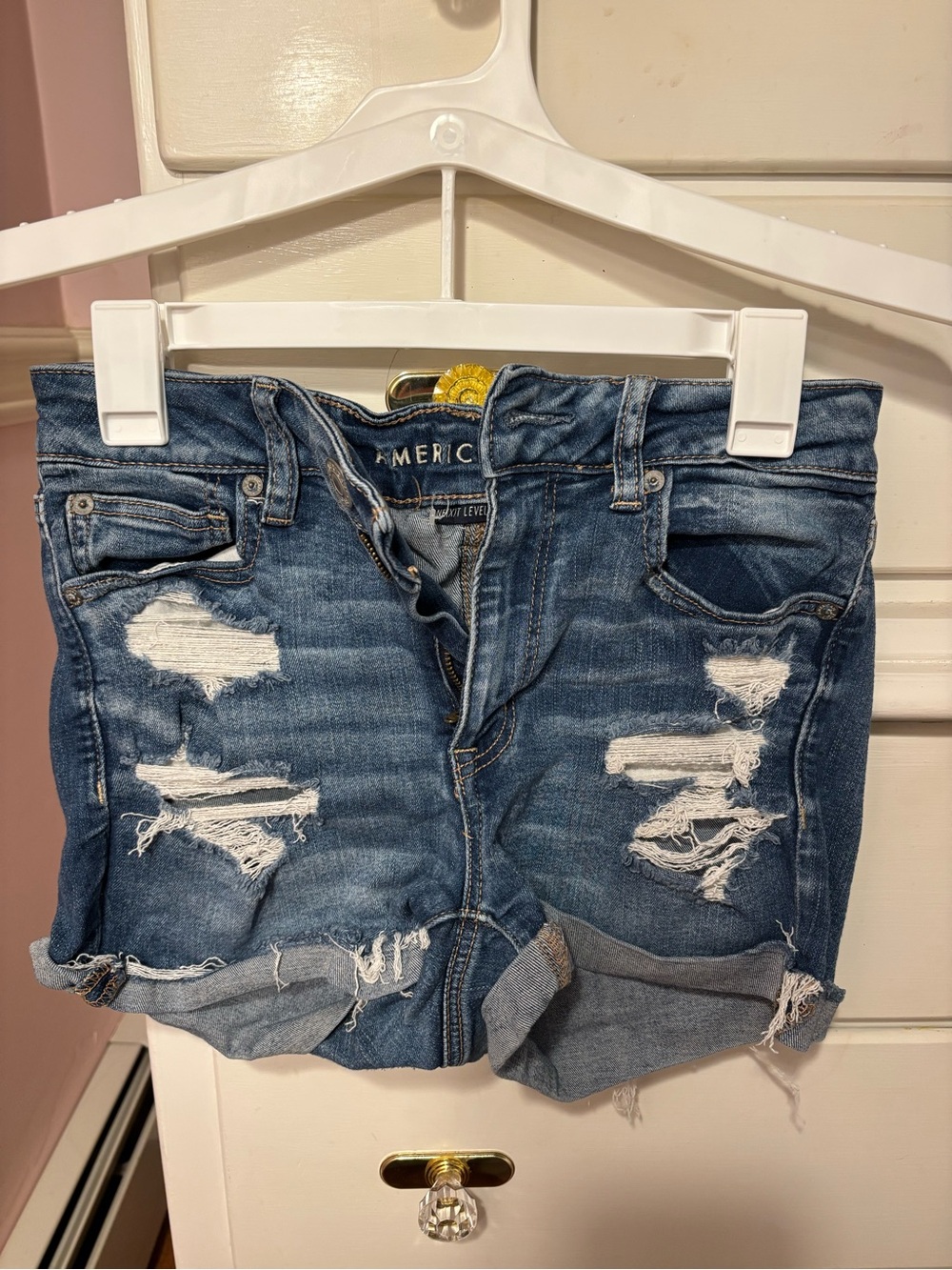 American Eagle Outfitters Distressed Rolled-Hem Denim Shorts - Dark Blue